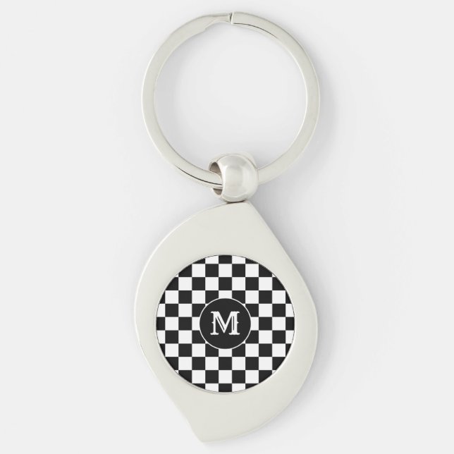 Custom Initial, Black White Checkered Keychain (Front)
