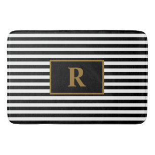 Custom Initial Black/White Stripes Bath Mat