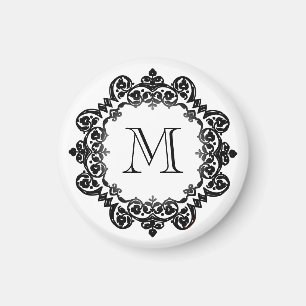 Custom Initial Black White Vintage Medallion Magnet