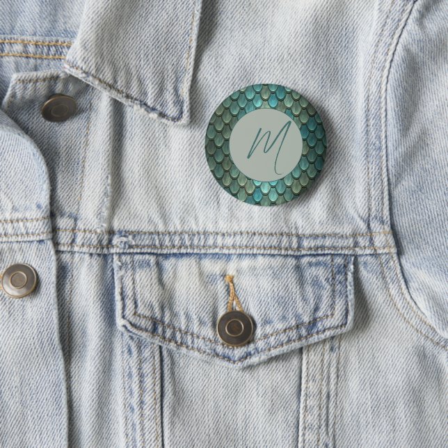 Custom initial blue scales textured 2 inch round button (In Situ)