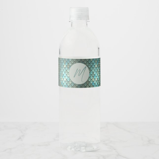 Custom initial blue scales textured water bottle label (Front)