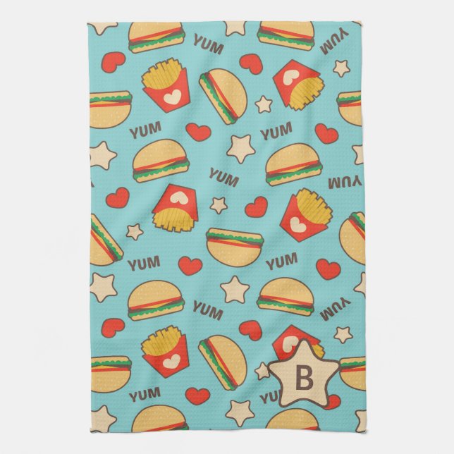 Custom Initial | Burger & Fries Pattern Kitchen Towel (Vertical)