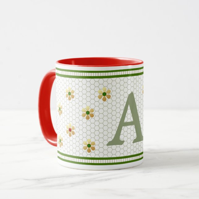 Custom Initial | Chic Gold Daisy Honeycomb  Mug (Front Left)