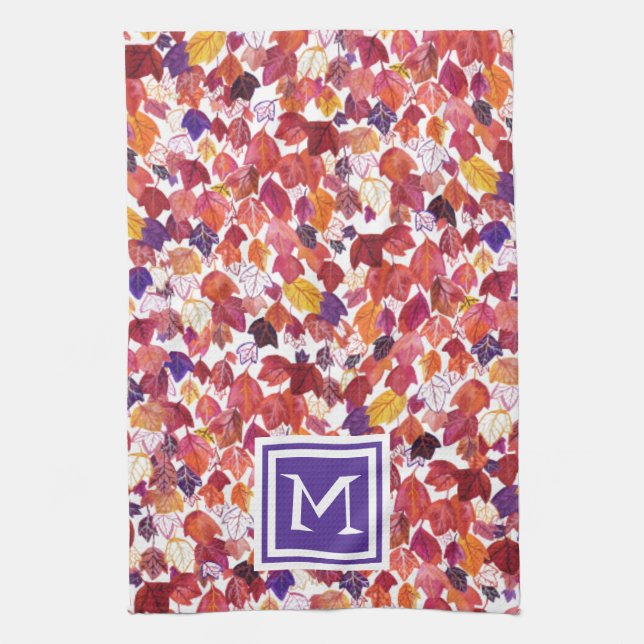 CUSTOM Initial Falling Leaves Watercolor Red Purpl Kitchen Towel (Vertical)