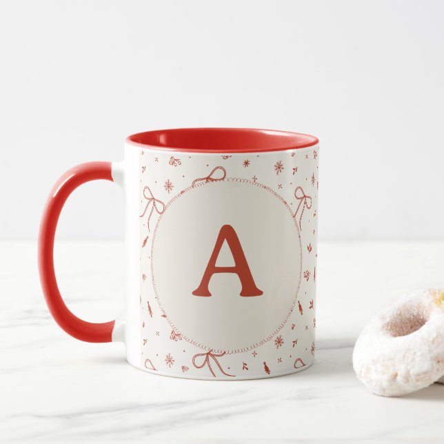 Custom Initial Festive Coquette Merry Christmas  Mug (With Donut)
