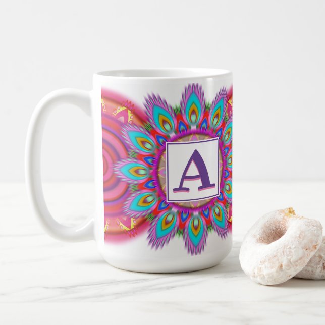 Custom initial large coffee mug Mandala pattern (With Donut)