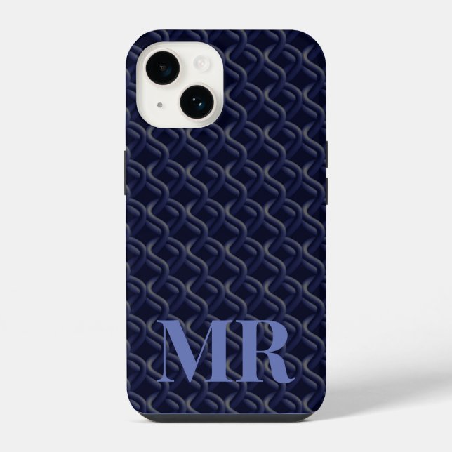 Custom Initial Large Modern Blue Lattice Rubber iPhone Case (Back)