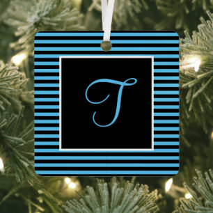 Custom Initial Letter Blue and Black Striped  Metal Ornament