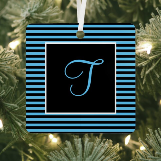 Custom Initial Letter Blue and Black Striped  Metal Ornament (Insitu)