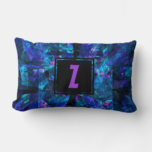 Custom Initial Letter Monogram Shimmering Blues Lumbar Pillow (Front)