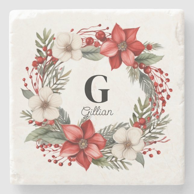 Custom Initial Letter Name Christmas Wreath Gift Stone Coaster (Front)