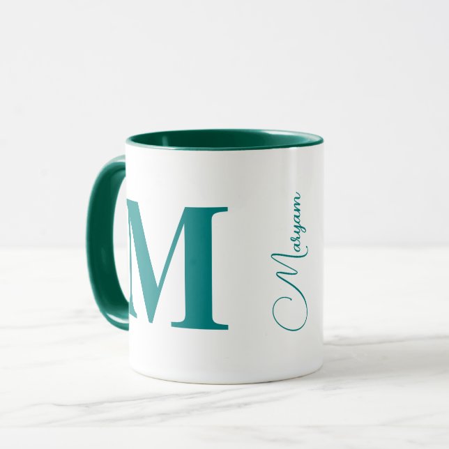 Custom Initial Letter Name | Modern Teal Monogram Mug (Front Left)