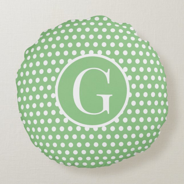 Custom initial letter Polka Dot Light Green Round Pillow (Back)