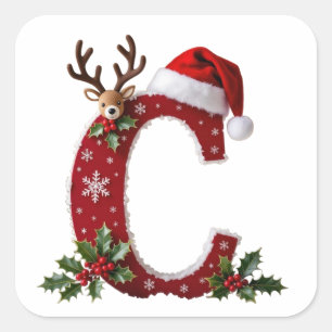 Custom initial monogram C reindeer Santa's hat  Square Sticker