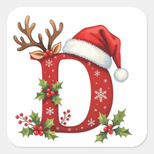 Custom initial monogram D antler Santa's snowflake Square Sticker