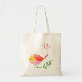 Custom initial Monogram Little Bird Watercolor art Tote Bag