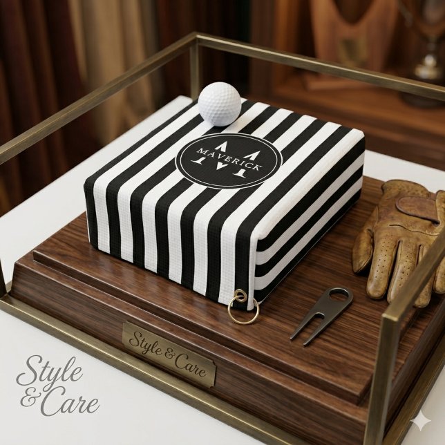 Custom Initial Name Black White Stripe Golf Towel (Custom Initial Name Black White Stripe Golf Towel)