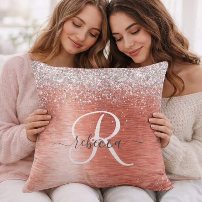 Custom Initial & Name Coral Glitter Throw Pillow (Creator Uploaded)