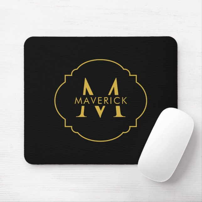 Custom Initial Name Elegant Modern Black Mouse Pad (With Mouse)