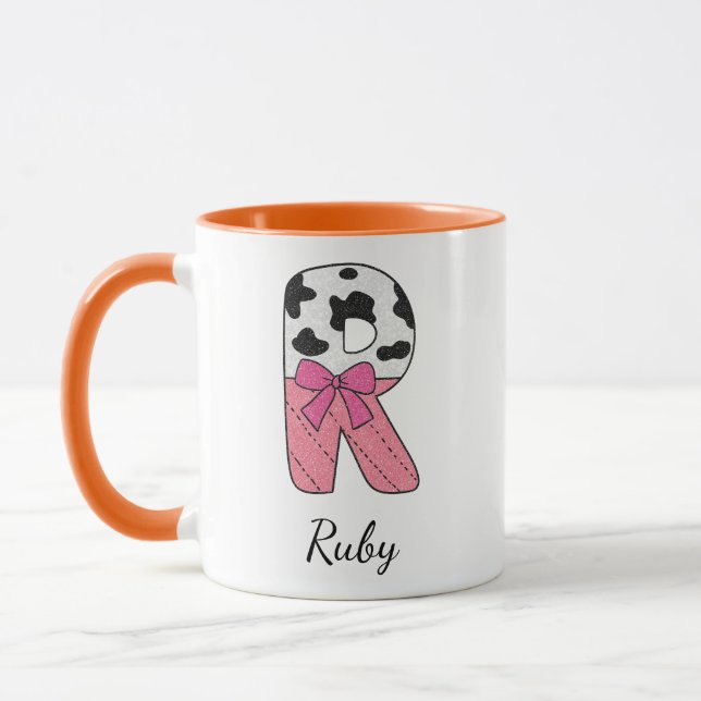 Custom Initial Name Mug | Pink Cow Letter  R (Left)