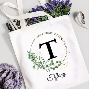 Custom Initial & Name Personalized Monogram Floral Tote Bag