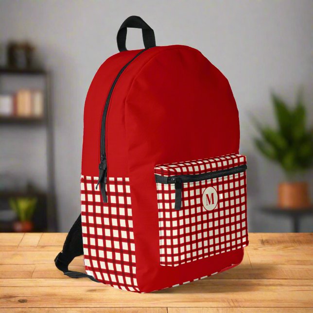 Custom Initial Name Red Gingham Girly Monogram Printed Backpack (Creator Uploaded)