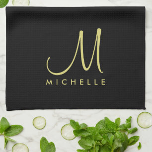 Custom Initial Name Template Black Gold Monogram Kitchen Towel