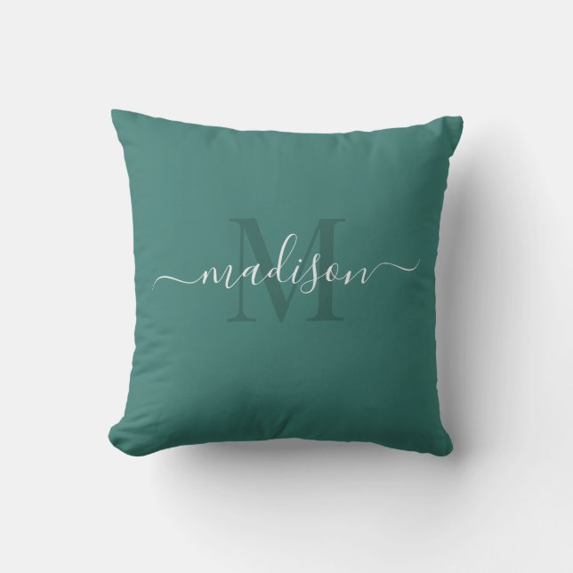 Custom Initial & Name with Teal Blue Green Colour Throw Pillow (Front)