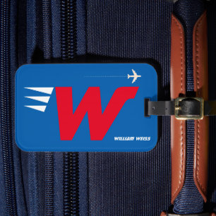 custom initial, personalized monogram red blue luggage tag