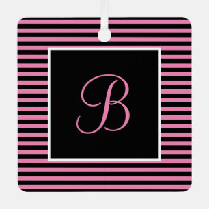 Custom Initial Pink and Black Striped Metal Ornament