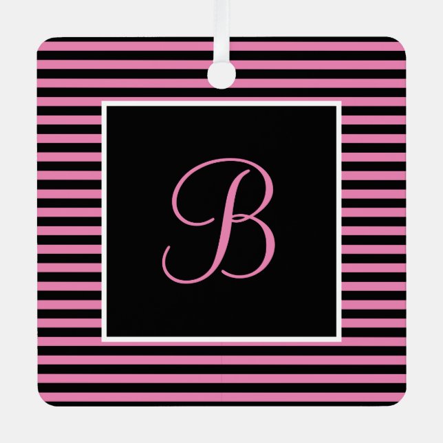 Custom Initial Pink and Black Striped  Metal Ornament (Front)