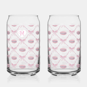 Custom Initial Pink Girly Coquette Bow & Macarons Can Glass