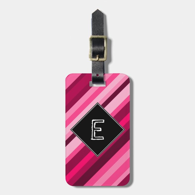 Custom Initial + Pink/Magenta Stripes Pattern Luggage Tag (Front Vertical)