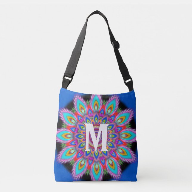 Custom initial psychedelic Cross Body Tote blue (Front)