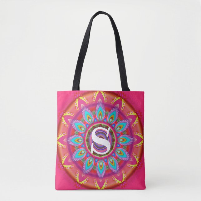 Custom initial psychedelic Tote Bag fuchsia (Front)