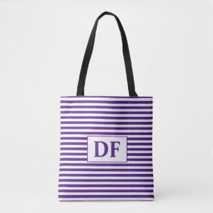 Custom Initial Purple/White Stripes Tote Bag