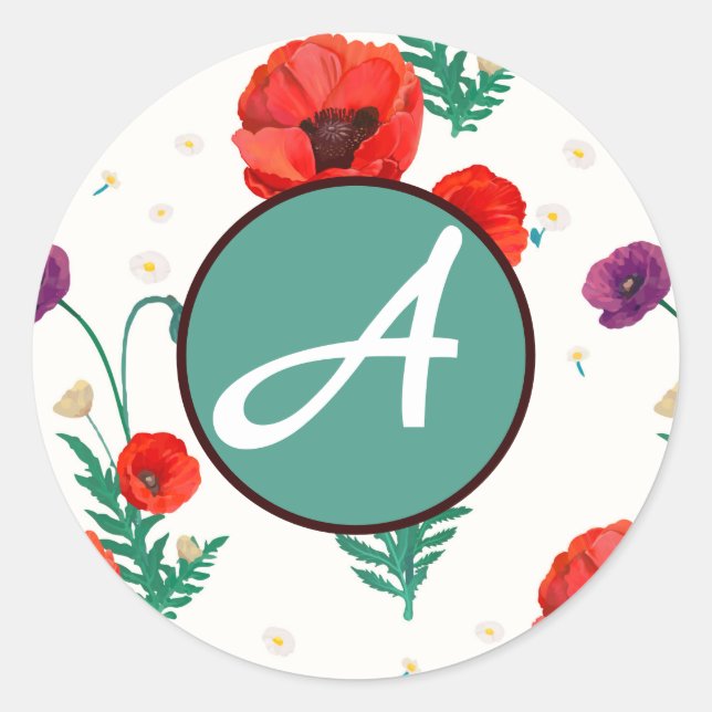 CUSTOM INITIAL ROUND STICKER POPPIES FOR SPRING (Front)