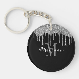 Custom Initial Script Glitter Drip Silver Keychain