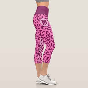 Custom Initial Stylish Pink Leopard Print Capri Leggings