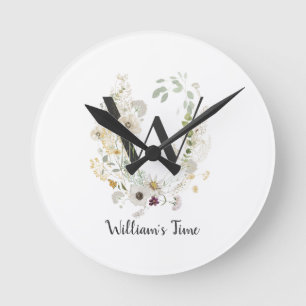 Custom Initial W With Soft colour Wild flowers Round Clock