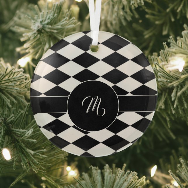 Custom initial white and black diamond pattern glass ornament (Insitu)