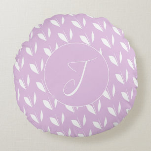 Custom initial white silhouette leaves purple round pillow