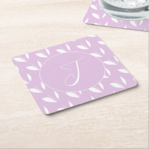 Custom initial white silhouette leaves purple square paper coaster