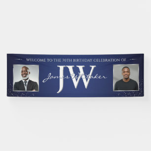 Custom Initials Birthday Banner, Blue Silver Photo Banner