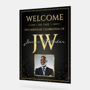 Custom Initials Birthday Sign, Black Gold Photo Acrylic Sign