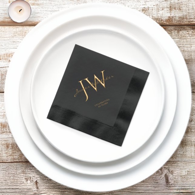 Custom Initials Black Gold Birthday Foil Napkins (Inisitu)