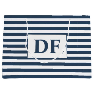 Custom Initials Blue/White Stripes Large Gift Bag
