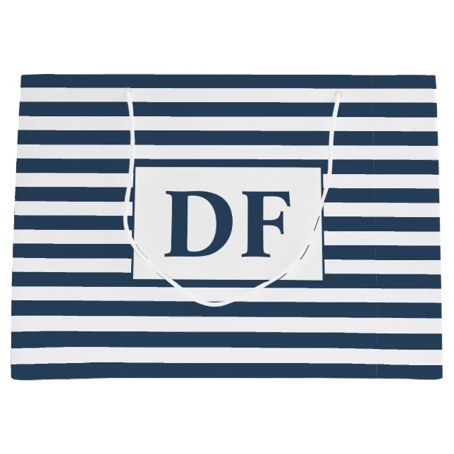 Custom Initials Blue/White Stripes Large Gift Bag (Front)