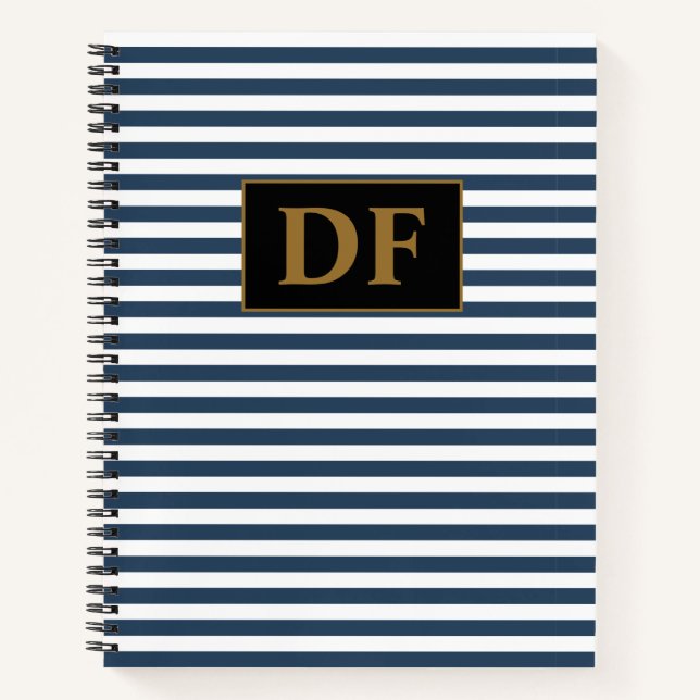 Custom Initials Blue/White Stripes Notebook (Front)
