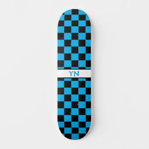 Custom Initials Checkered Black and Sky Blue Skateboard